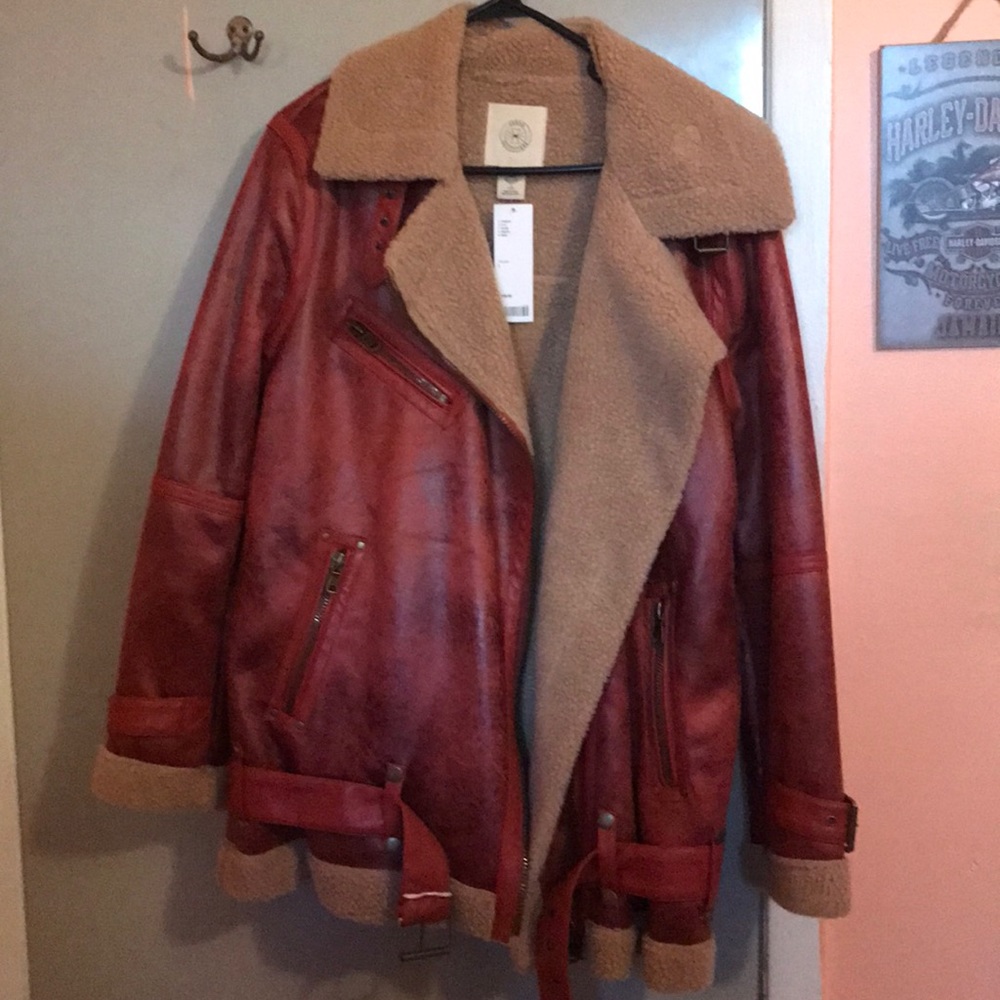 red faux leather jacket